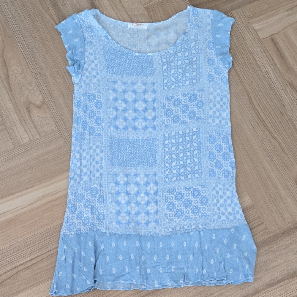 RENEEC. Light Blue Patchwork Pattern Cap Sleeve Tunic Coverup